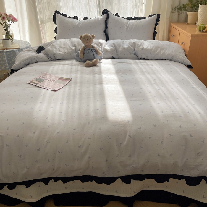 91家纺网 家纺一手货源 找家纺 繁花家居 2025新款韩式水洗棉床盖四件套直播爆款 韩式水洗棉床盖-蓝白结