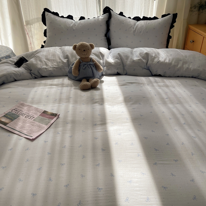 91家纺网 家纺一手货源 找家纺 繁花家居 2025新款韩式水洗棉床盖四件套直播爆款 韩式水洗棉床盖-蓝白结