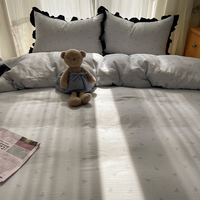 91家纺网 家纺一手货源 找家纺 繁花家居 2025新款韩式水洗棉床盖四件套直播爆款 韩式水洗棉床盖-蓝白结