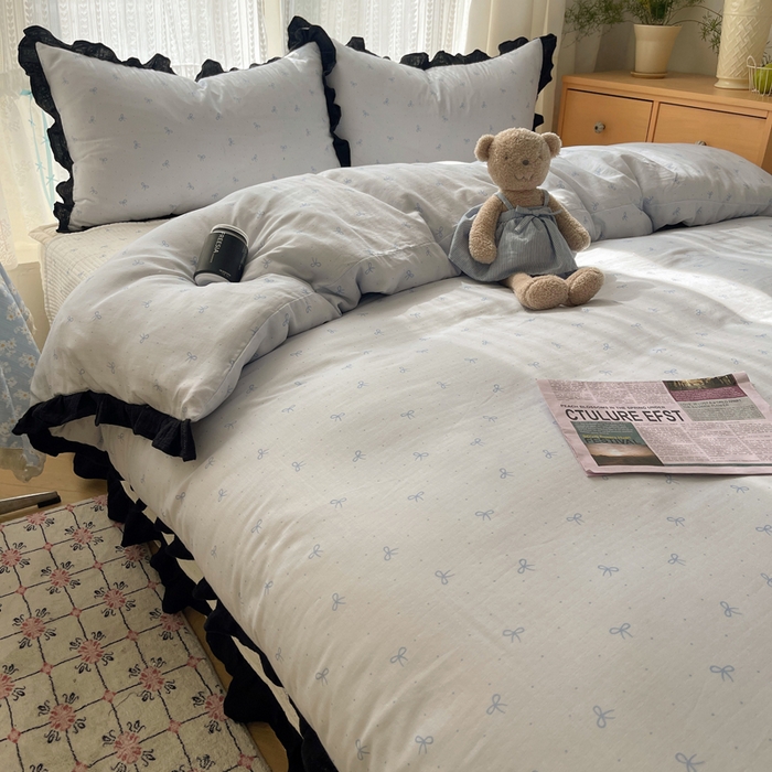 91家纺网 家纺一手货源 找家纺 繁花家居 2025新款韩式水洗棉床盖四件套直播爆款 韩式水洗棉床盖-蓝白结