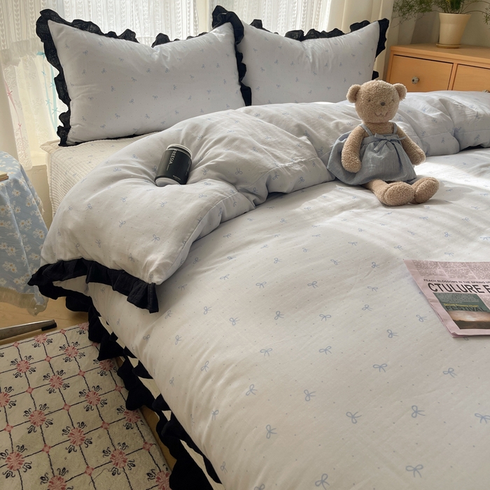 91家纺网 家纺一手货源 找家纺 繁花家居 2025新款韩式水洗棉床盖四件套直播爆款 韩式水洗棉床盖-蓝白结