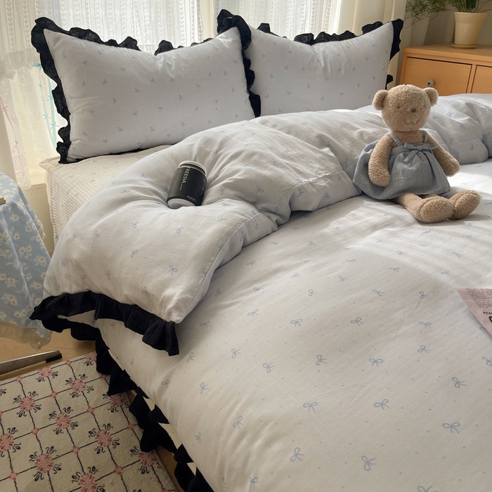 91家纺网 家纺一手货源 找家纺 繁花家居 2025新款韩式水洗棉床盖四件套直播爆款 韩式水洗棉床盖-蓝白结