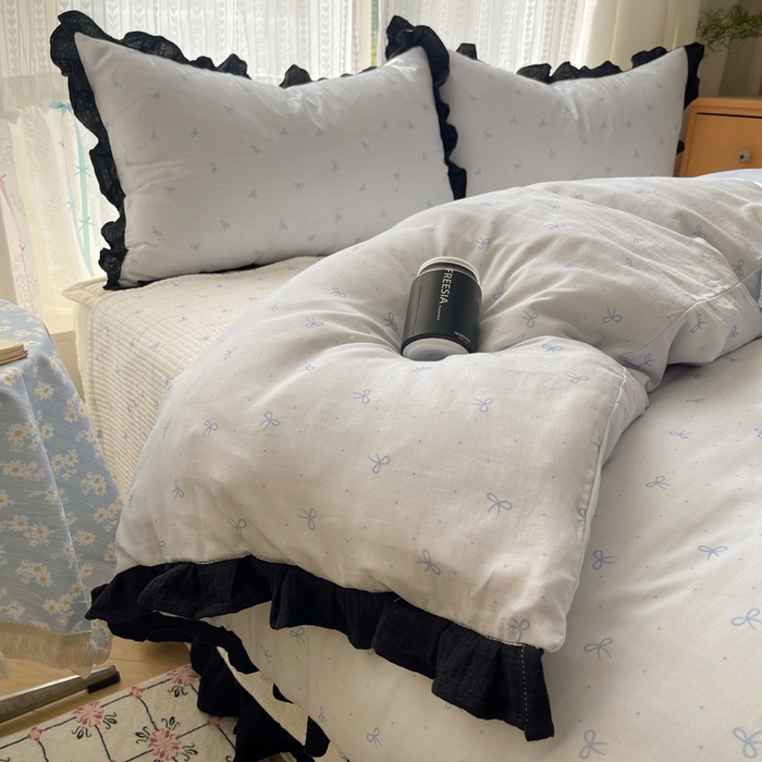 91家纺网 家纺一手货源 找家纺 繁花家居 2025新款韩式水洗棉床盖四件套直播爆款 韩式水洗棉床盖-蓝白结