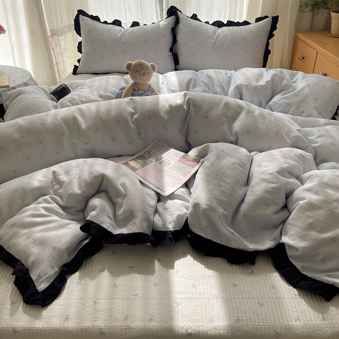 91家纺网 家纺一手货源 找家纺 繁花家居 2025新款韩式水洗棉床盖四件套直播爆款 韩式水洗棉床盖-蓝白结