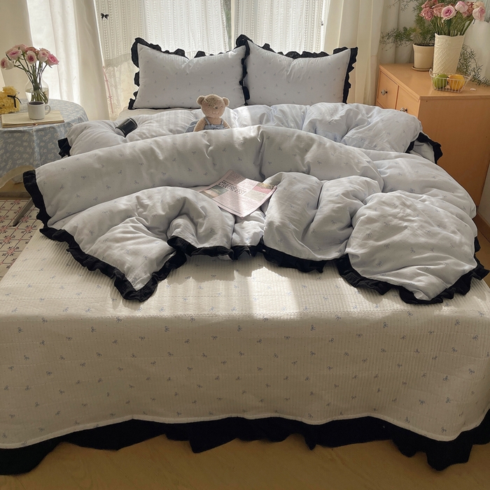 91家纺网 家纺一手货源 找家纺 繁花家居 2025新款韩式水洗棉床盖四件套直播爆款 韩式水洗棉床盖-蓝白结