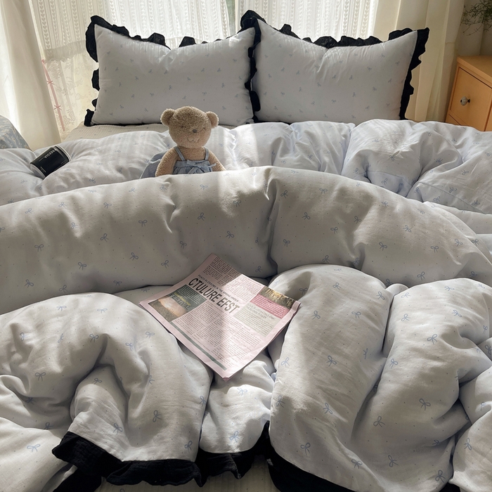 91家纺网 家纺一手货源 找家纺 繁花家居 2025新款韩式水洗棉床盖四件套直播爆款 韩式水洗棉床盖-蓝白结