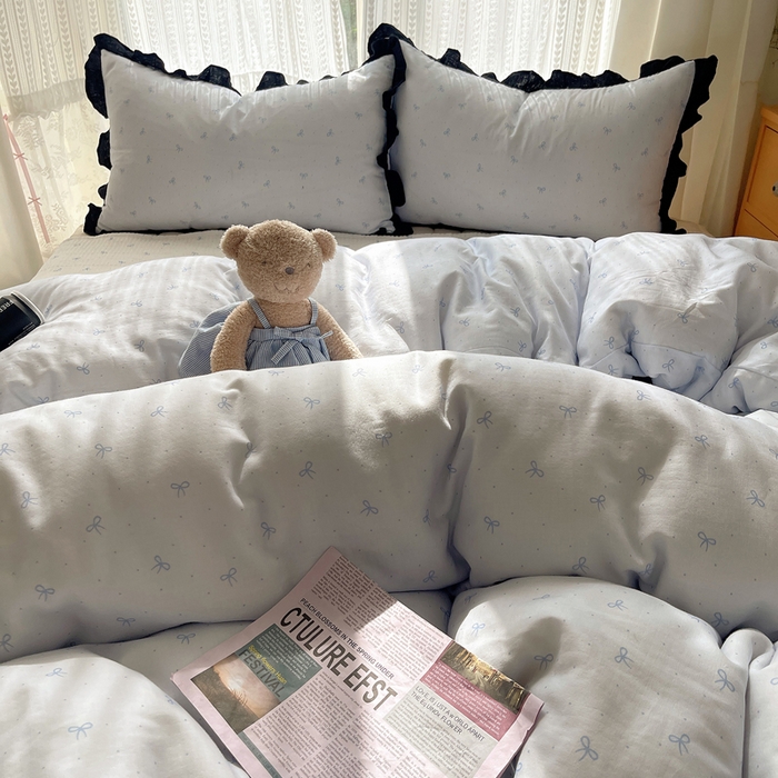 91家纺网 家纺一手货源 找家纺 繁花家居 2025新款韩式水洗棉床盖四件套直播爆款 韩式水洗棉床盖-蓝白结