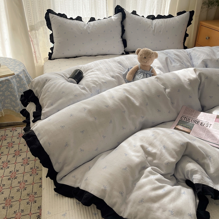 91家纺网 家纺一手货源 找家纺 繁花家居 2025新款韩式水洗棉床盖四件套直播爆款 韩式水洗棉床盖-蓝白结