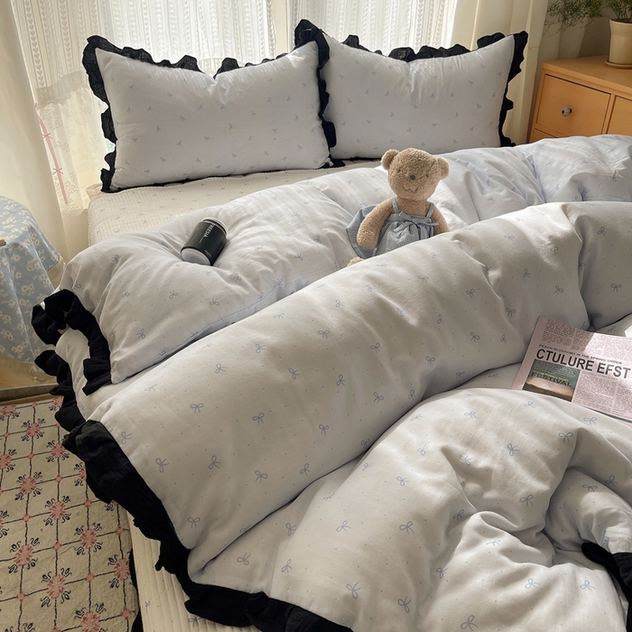 91家纺网 家纺一手货源 找家纺 繁花家居 2025新款韩式水洗棉床盖四件套直播爆款 韩式水洗棉床盖-蓝白结