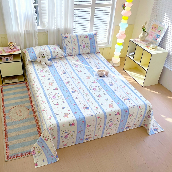 91家纺网 家纺一手货源 找家纺 金鑫汇家纺 2025年新款百分百全棉老粗布全棉加厚加密高克重单品床单（花型更好卖，面料更厚实，自带凉感） 老粗布快乐萌兔蓝