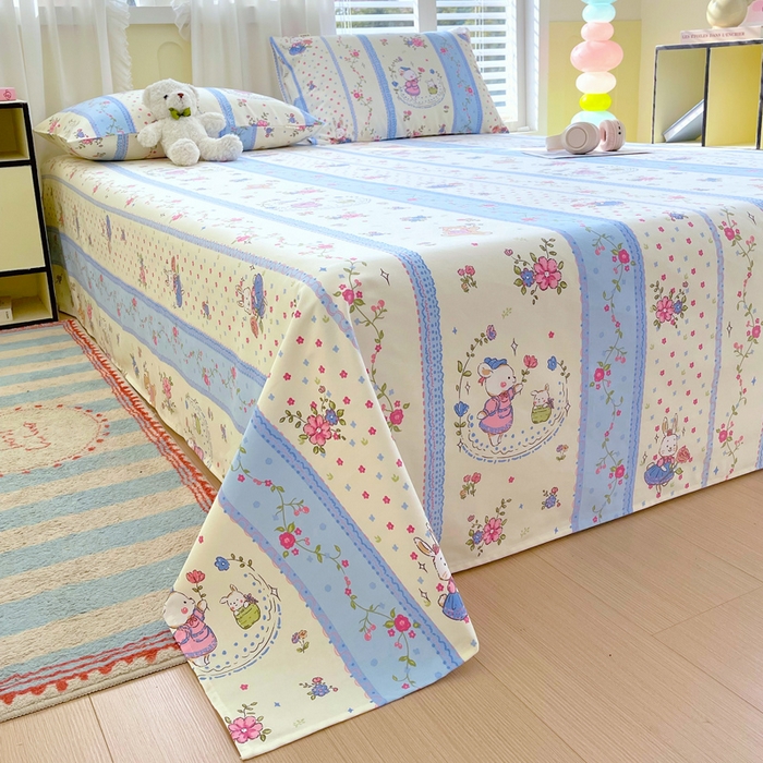 91家纺网 家纺一手货源 找家纺 金鑫汇家纺 2025年新款百分百全棉老粗布全棉加厚加密高克重单品床单（花型更好卖，面料更厚实，自带凉感） 老粗布快乐萌兔蓝