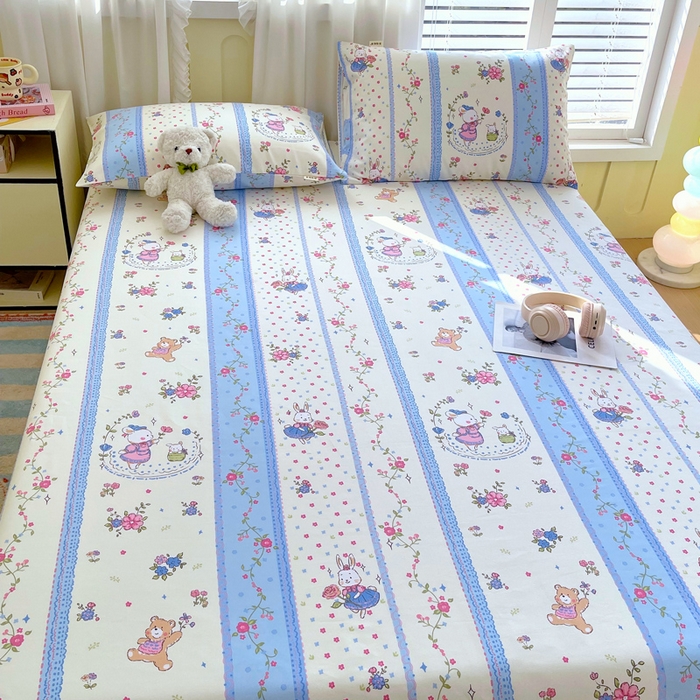 91家纺网 家纺一手货源 找家纺 金鑫汇家纺 2025年新款百分百全棉老粗布全棉加厚加密高克重单品床单（花型更好卖，面料更厚实，自带凉感） 老粗布快乐萌兔蓝