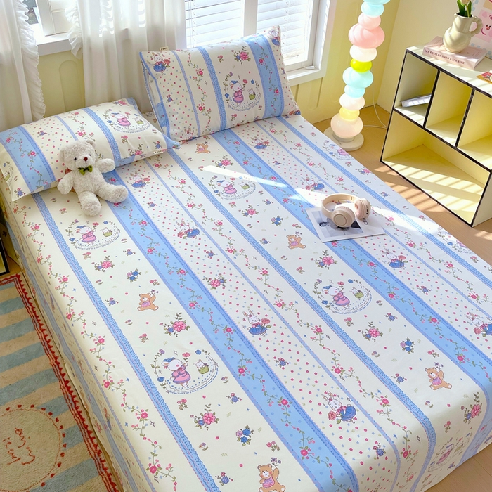 91家纺网 家纺一手货源 找家纺 金鑫汇家纺 2025年新款百分百全棉老粗布全棉加厚加密高克重单品床单（花型更好卖，面料更厚实，自带凉感） 老粗布快乐萌兔蓝