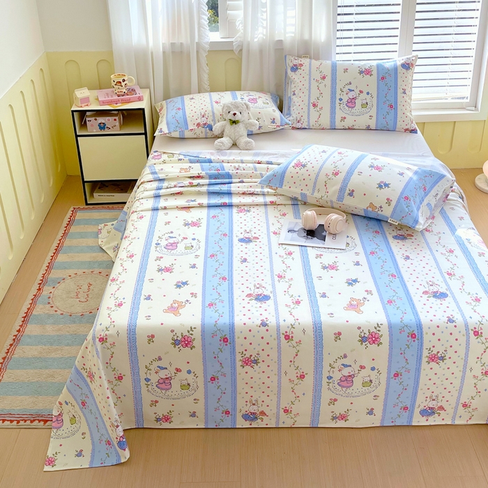 91家纺网 家纺一手货源 找家纺 金鑫汇家纺 2025年新款百分百全棉老粗布全棉加厚加密高克重单品床单（花型更好卖，面料更厚实，自带凉感） 老粗布快乐萌兔蓝