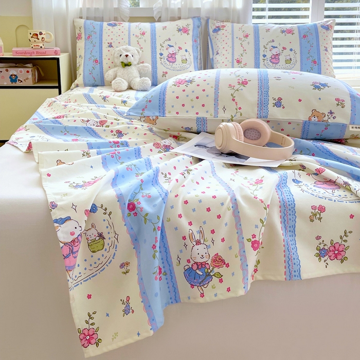 91家纺网 家纺一手货源 找家纺 金鑫汇家纺 2025年新款百分百全棉老粗布全棉加厚加密高克重单品床单（花型更好卖，面料更厚实，自带凉感） 老粗布快乐萌兔蓝