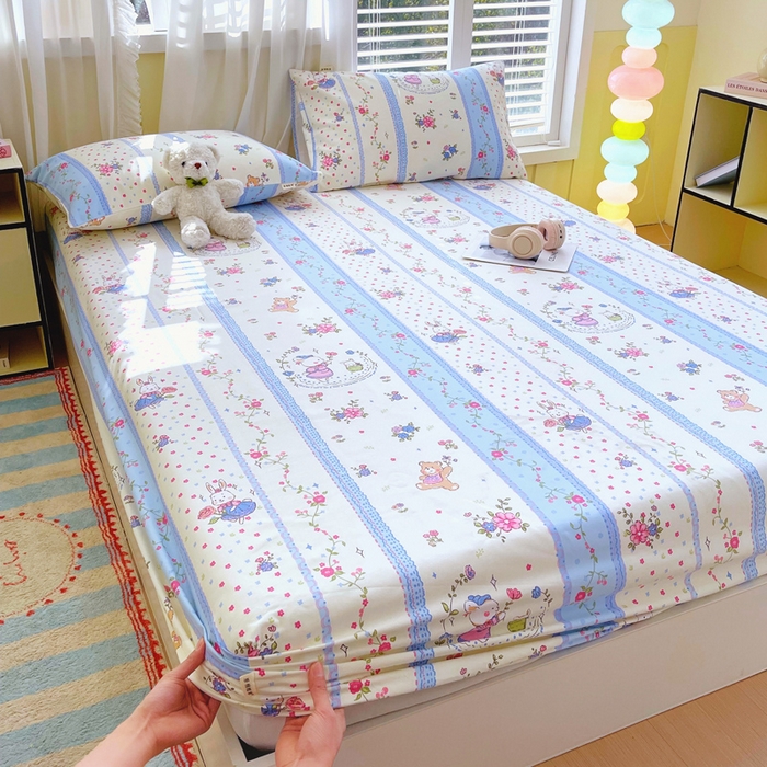 91家纺网 家纺一手货源 找家纺 金鑫汇家纺 2025新款百分百全棉老粗布全棉加厚加密高克重单品床笠（花型更好卖，面料更厚实，自带凉感） 老粗布快乐萌兔蓝