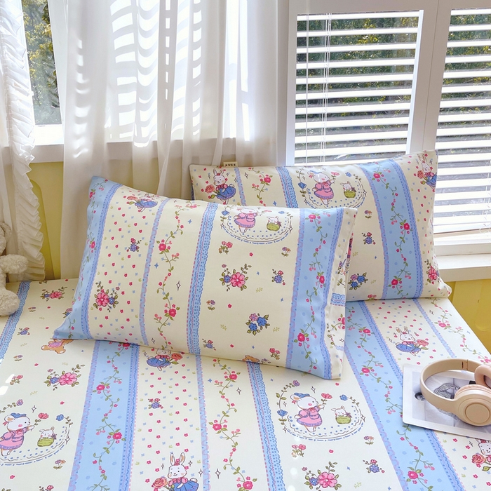 91家纺网 家纺一手货源 找家纺 金鑫汇家纺 2025新款百分百全棉老粗布全棉加厚加密高克重单品床笠（花型更好卖，面料更厚实，自带凉感） 老粗布快乐萌兔蓝