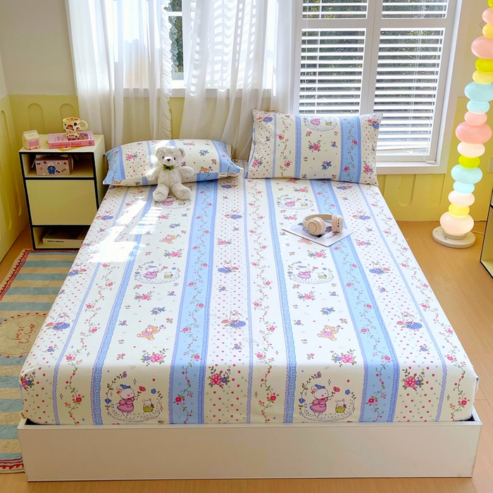 91家纺网 家纺一手货源 找家纺 金鑫汇家纺 2025新款百分百全棉老粗布全棉加厚加密高克重单品床笠（花型更好卖，面料更厚实，自带凉感） 老粗布快乐萌兔蓝