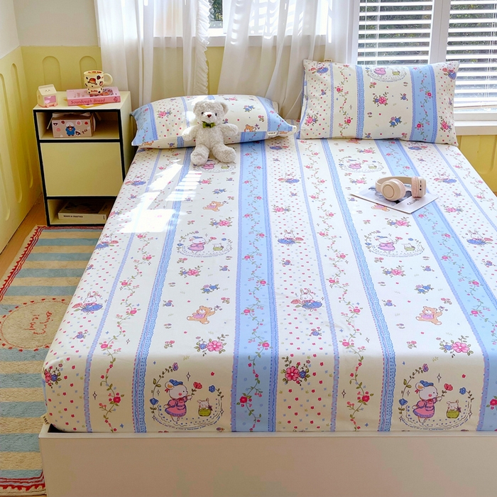 91家纺网 家纺一手货源 找家纺 金鑫汇家纺 2025新款百分百全棉老粗布全棉加厚加密高克重单品床笠（花型更好卖，面料更厚实，自带凉感） 老粗布快乐萌兔蓝