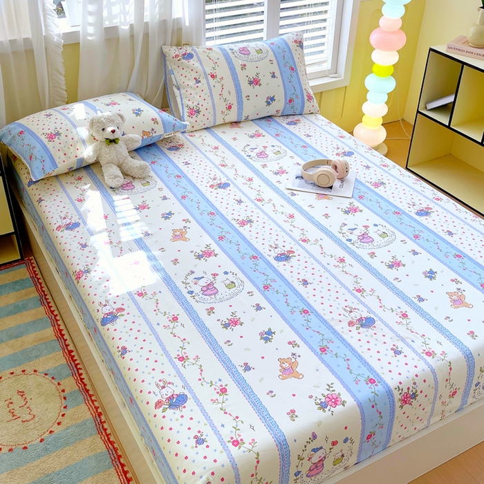 91家纺网 家纺一手货源 找家纺 金鑫汇家纺 2025新款百分百全棉老粗布全棉加厚加密高克重单品床笠（花型更好卖，面料更厚实，自带凉感） 老粗布快乐萌兔蓝