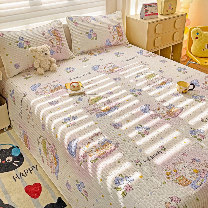 91家纺网 家纺一手货源 找家纺 金鑫汇家纺 2025新款全棉绗缝夹棉印花床盖 喵喵日记