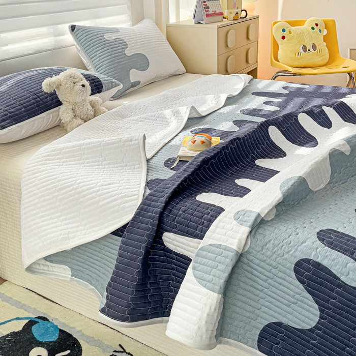 91家纺网 家纺一手货源 找家纺 金鑫汇家纺 2025新款全棉绗缝夹棉印花床盖 奶油蓝