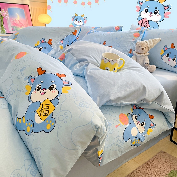 91家纺网 家纺一手货源 找家纺 金鑫汇家纺 2025新款13070全棉好卖花型套件系列-四件套 瑞龙送福