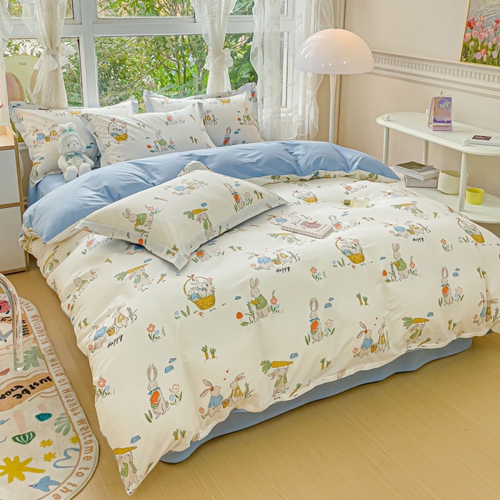 91家纺网 家纺一手货源 找家纺 金鑫汇家纺 2025新款13070全棉好卖花型套件系列-四件套 收获满满蓝色