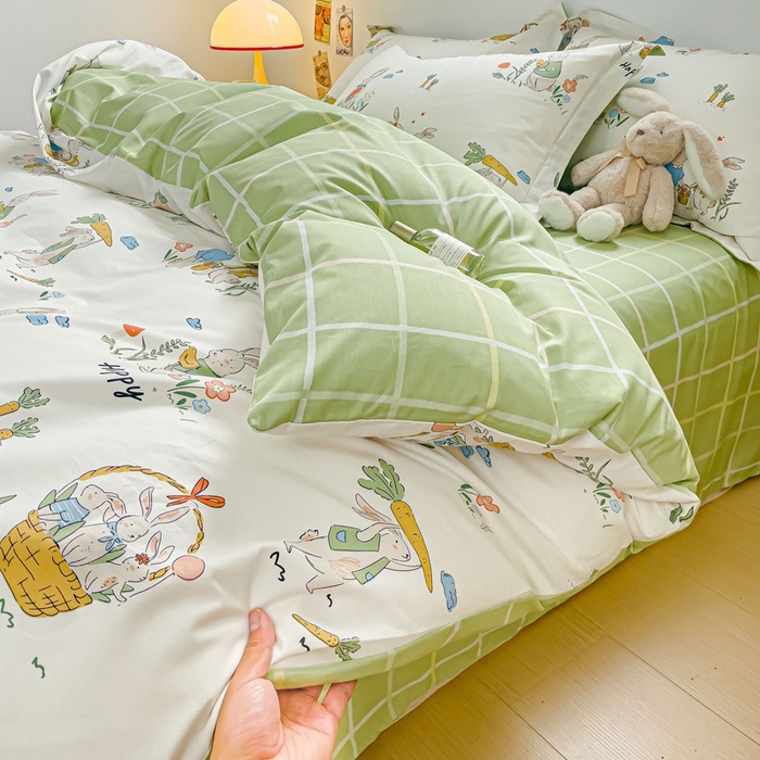 91家纺网 家纺一手货源 找家纺 金鑫汇家纺 2025新款13070全棉好卖花型套件系列-四件套 收获满满绿格