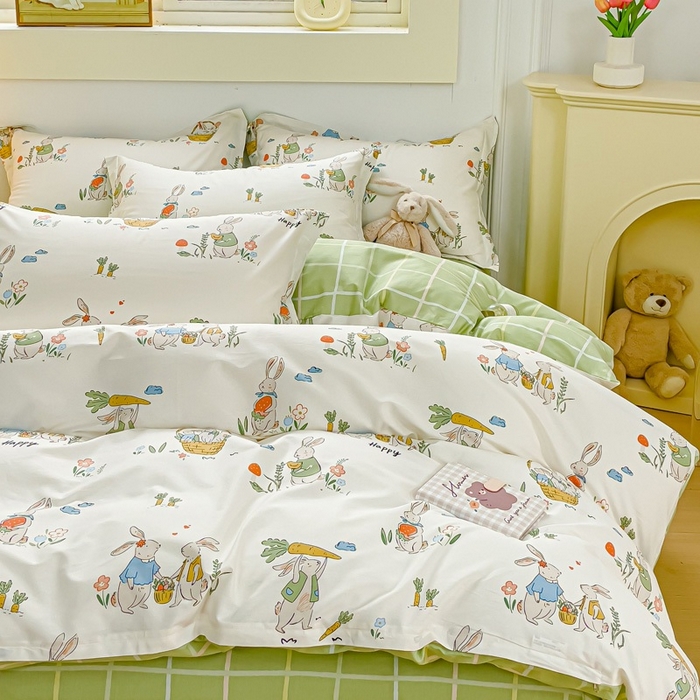 91家纺网 家纺一手货源 找家纺 金鑫汇家纺 2025新款13070全棉好卖花型套件系列-四件套 收获满满绿格