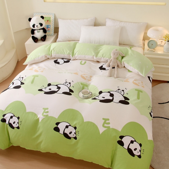 91家纺网 家纺一手货源 找家纺 金鑫汇家纺 2025新款13070全棉好卖花型套件系列-四件套 可爱熊猫