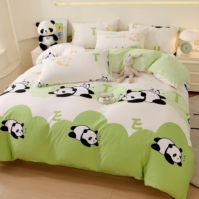 91家纺网 家纺一手货源 找家纺 金鑫汇家纺 2025新款13070全棉好卖花型套件系列-四件套 可爱熊猫