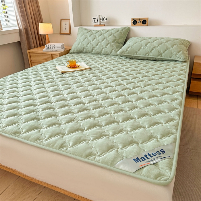 91家纺网 家纺一手货源 找家纺 3C 2025新款全棉水洗棉抗菌夹棉床垫褥子床护垫 波浪格-抹茶绿