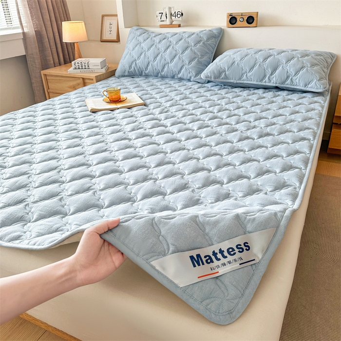3C 2025新款全棉水洗棉抗菌夹棉床垫褥子床护垫 波浪格-天空蓝