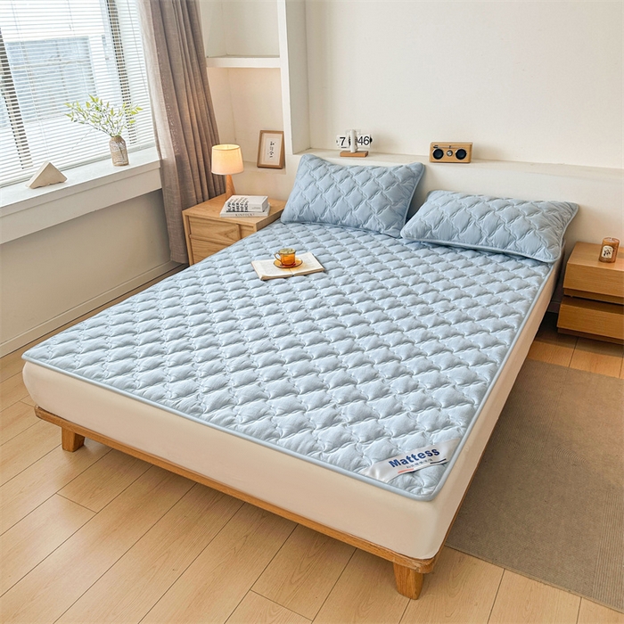 91家纺网 家纺一手货源 找家纺 3C 2025新款全棉水洗棉抗菌夹棉床垫褥子床护垫 波浪格-天空蓝