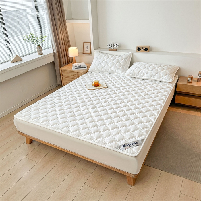 91家纺网 家纺一手货源 找家纺 3C 2025新款全棉水洗棉抗菌夹棉床垫褥子床护垫 波浪格-云朵白