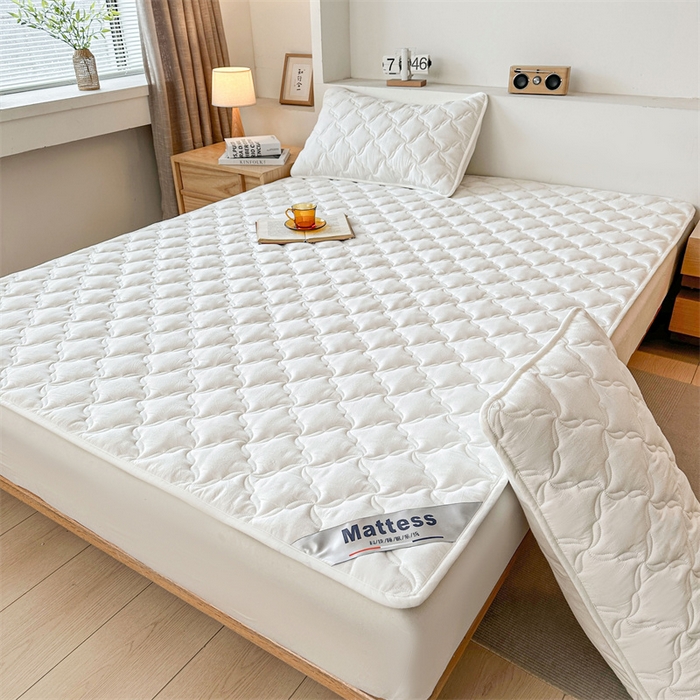 91家纺网 家纺一手货源 找家纺 3C 2025新款全棉水洗棉抗菌夹棉床垫褥子床护垫 波浪格-云朵白