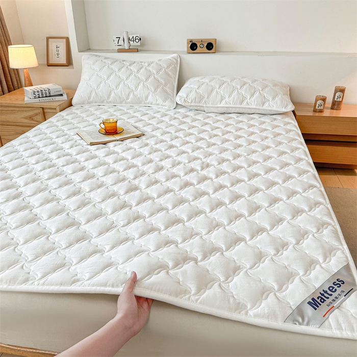 91家纺网 家纺一手货源 找家纺 3C 2025新款全棉水洗棉抗菌夹棉床垫褥子床护垫 波浪格-云朵白