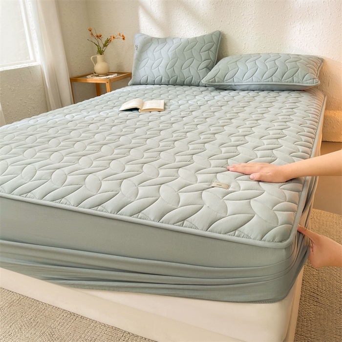 91家纺网 家纺一手货源 找家纺 3C 2025新款全棉水洗棉夹棉床笠-叶弦 叶弦-浅兰