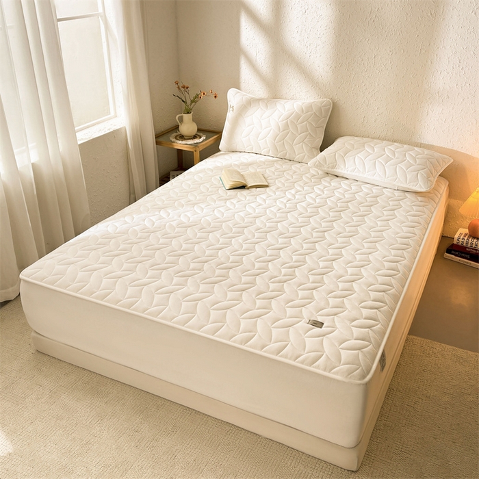 91家纺网 家纺一手货源 找家纺 3C 2025新款全棉水洗棉夹棉床笠-叶弦 叶弦-奶白