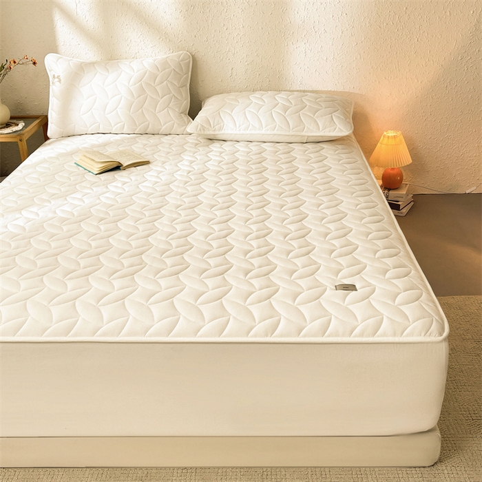 91家纺网 家纺一手货源 找家纺 3C 2025新款全棉水洗棉夹棉床笠-叶弦 叶弦-奶白