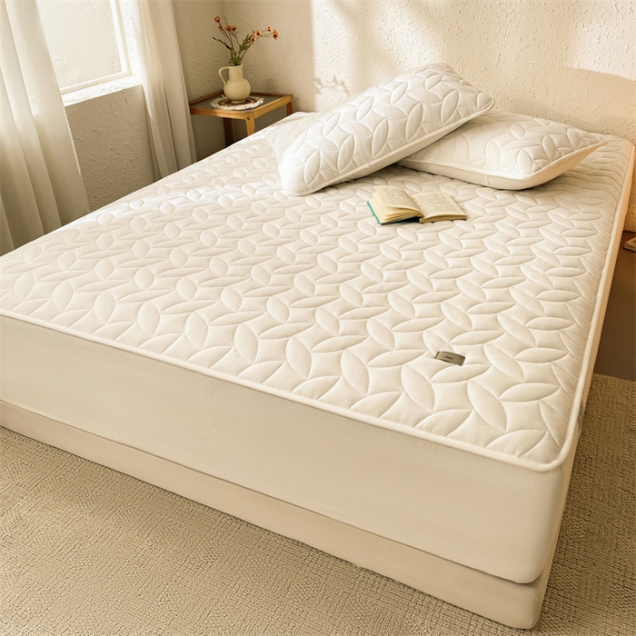 91家纺网 家纺一手货源 找家纺 3C 2025新款全棉水洗棉夹棉床笠-叶弦 叶弦-奶白