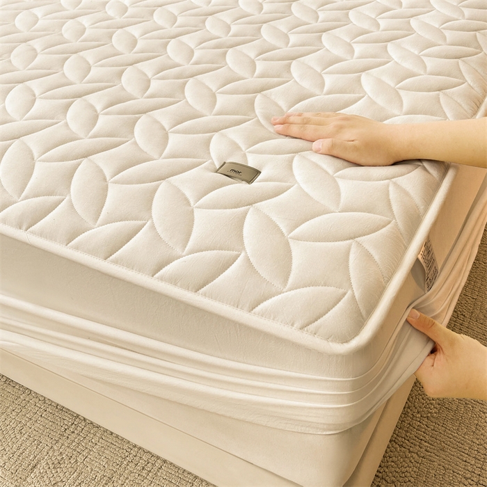 91家纺网 家纺一手货源 找家纺 3C 2025新款全棉水洗棉夹棉床笠-叶弦 叶弦-奶白