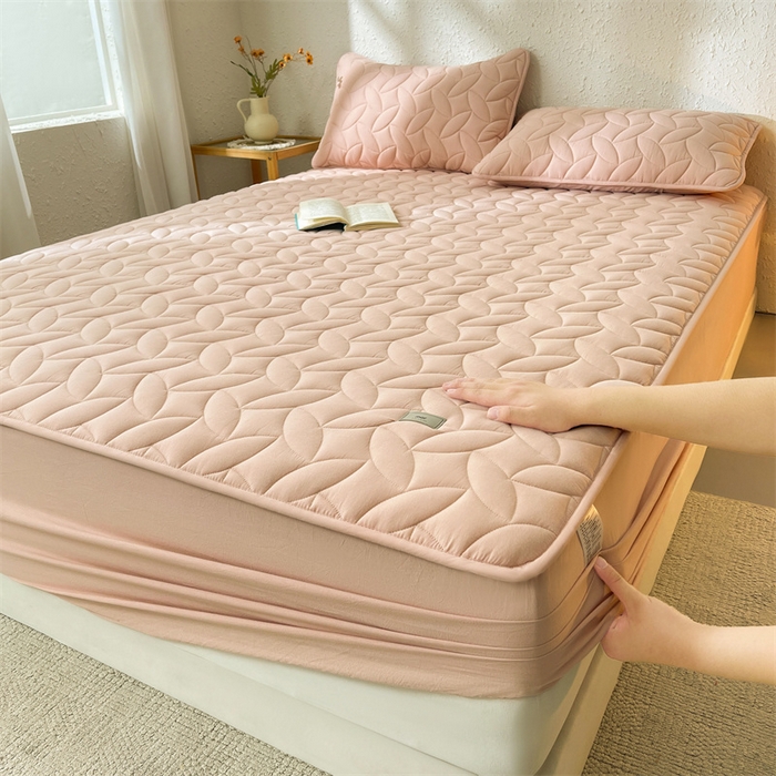 3C 2025新款全棉水洗棉夹棉床笠-叶弦 叶弦-浅粉