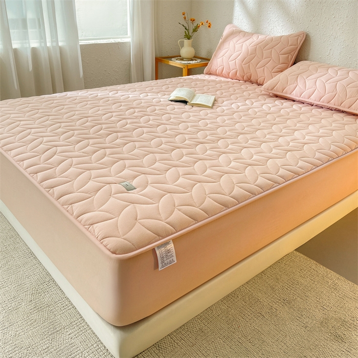 91家纺网 家纺一手货源 找家纺 3C 2025新款全棉水洗棉夹棉床笠-叶弦 叶弦-浅粉