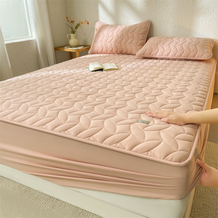 91家纺网 家纺一手货源 找家纺 3C 2025新款全棉水洗棉夹棉床笠-叶弦 叶弦-浅粉