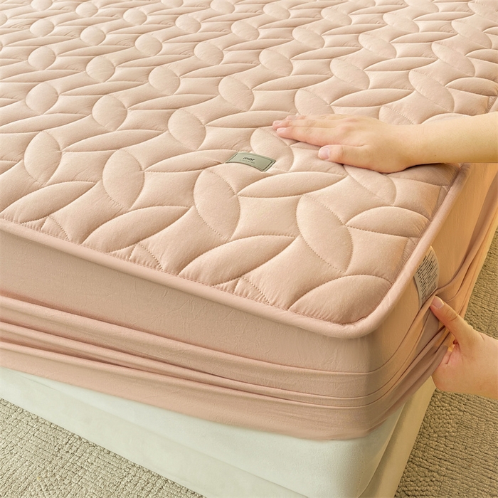 91家纺网 家纺一手货源 找家纺 3C 2025新款全棉水洗棉夹棉床笠-叶弦 叶弦-浅粉