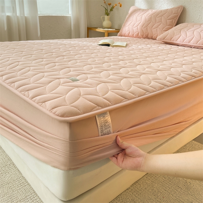 91家纺网 家纺一手货源 找家纺 3C 2025新款全棉水洗棉夹棉床笠-叶弦 叶弦-浅粉