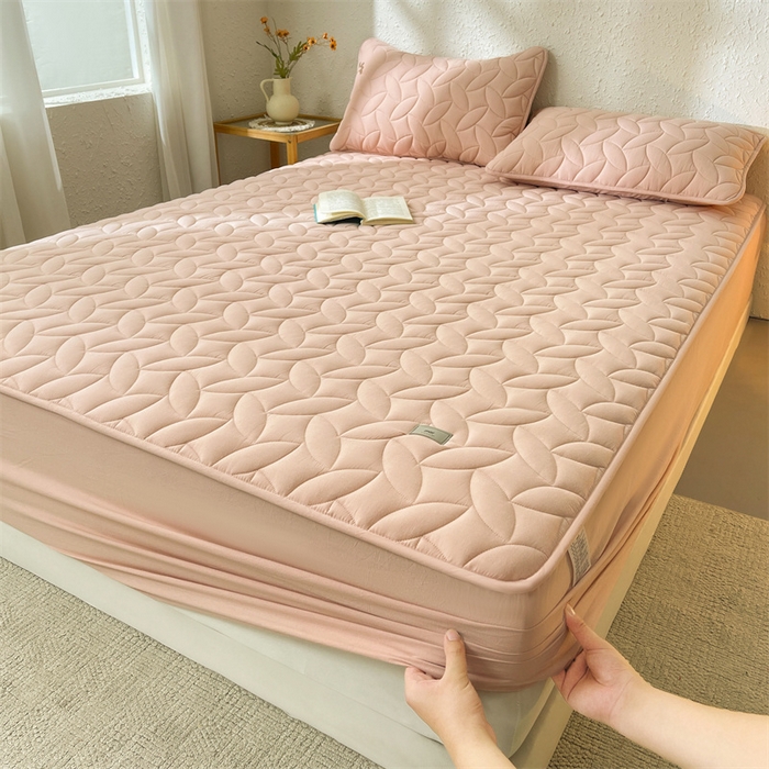 91家纺网 家纺一手货源 找家纺 3C 2025新款全棉水洗棉夹棉床笠-叶弦 叶弦-浅粉