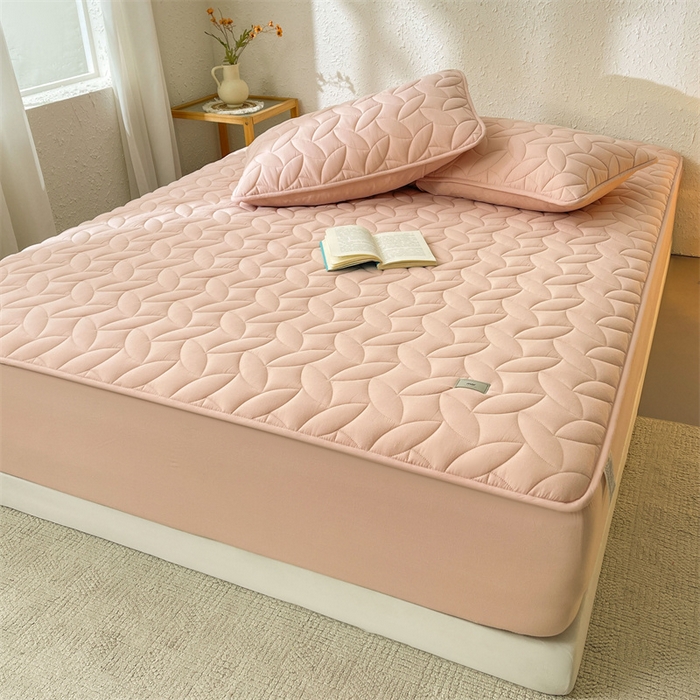 91家纺网 家纺一手货源 找家纺 3C 2025新款全棉水洗棉夹棉床笠-叶弦 叶弦-浅粉